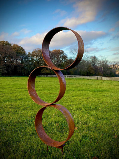 Exterior Rustic Garden Trio Of Rings Hoops Circles Modern Art Rusty Metal Garden Stake Yard Art  Centre Piece Flower Bed Sculpture