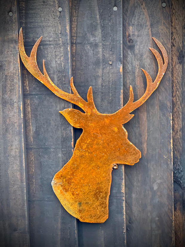 Exterior Rustic Rusty Metal Stag Head Deer Red Fallow Buck Garden Art Garden Stake Fence Topper Yard Art Gate Post  Sculpture