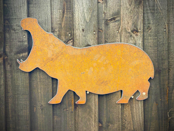 Exterior Rustic Hippo Hippopotamus Animal Zoo Metal Sign Rustic Garden Art Yard Art Garden Stake Fence Topper Wall Hanging Gift