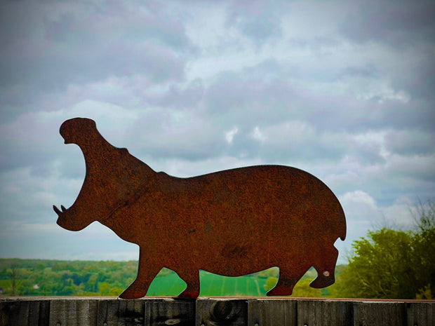 Exterior Rustic Hippo Hippopotamus Animal Zoo Metal Sign Rustic Garden Art Yard Art Garden Stake Fence Topper Wall Hanging Gift