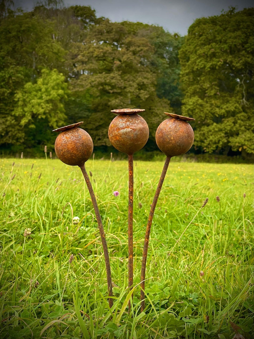 poppy seed head garden stakes Poppy Sculpture – Rustic Garden Art