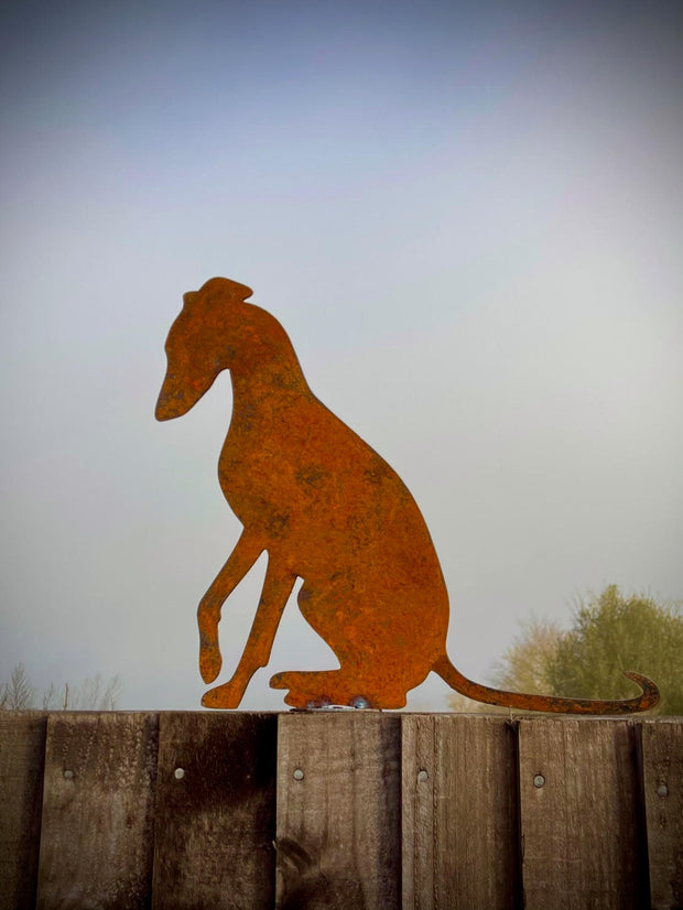 Exterior Rustic Rusty Metal Whippet Sitting Greyhound Dog Pet Animal Garden Stake Fence Topper Wall Sign Yard Art Sculpture Gift