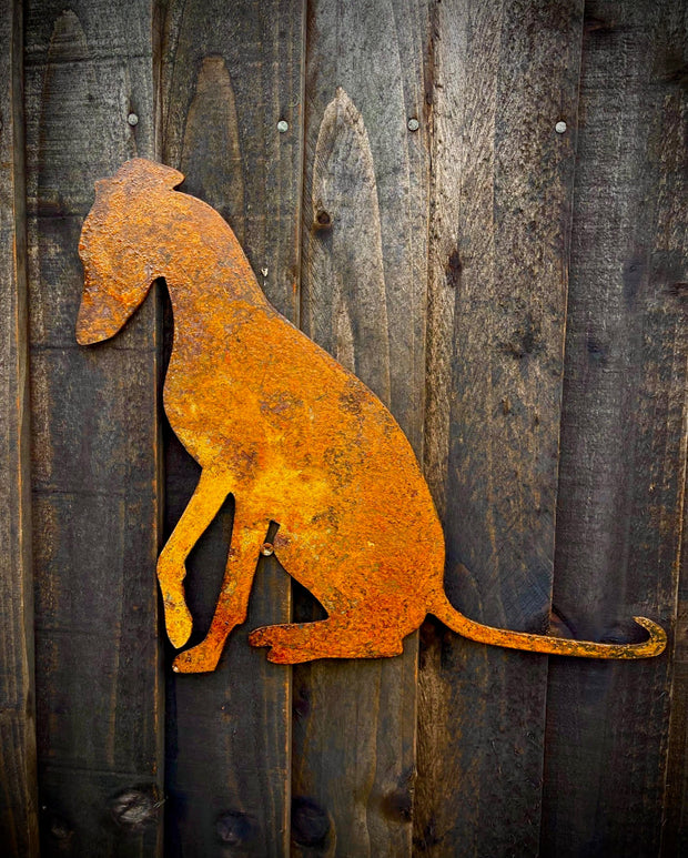 Exterior Rustic Rusty Metal Whippet Sitting Greyhound Dog Pet Animal Garden Stake Fence Topper Wall Sign Yard Art Sculpture Gift